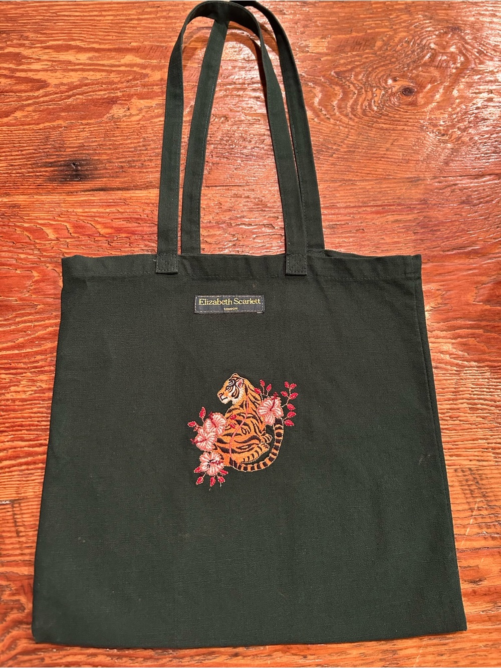 Elizabeth Scarlett London Green Cotton Tote Bag Tiger Embroidered Floral